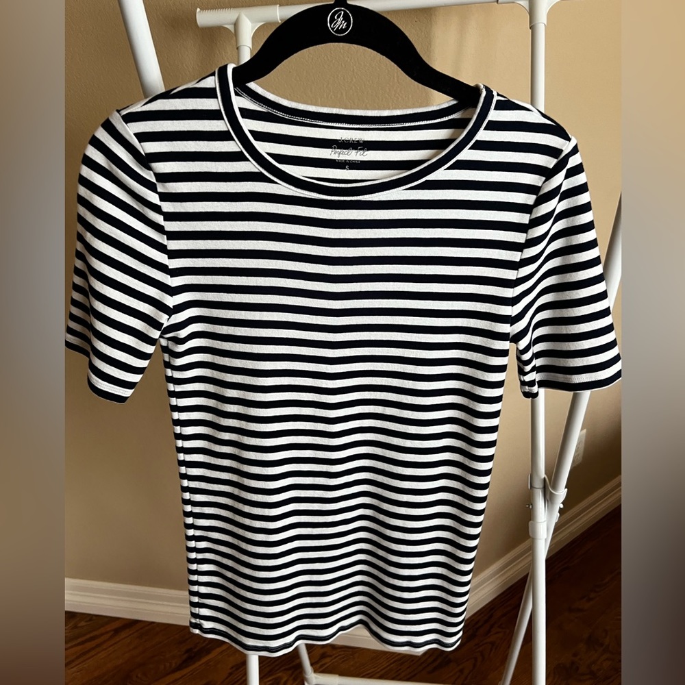 J. Crew Perfect Fit, Size Small, Navy Blue and White striped t-shirt